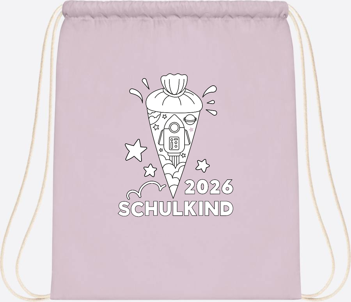 Turnbeutel Einschulung 2025 – Rakete zum Ausmalen mit Name - Pastel Pink/White