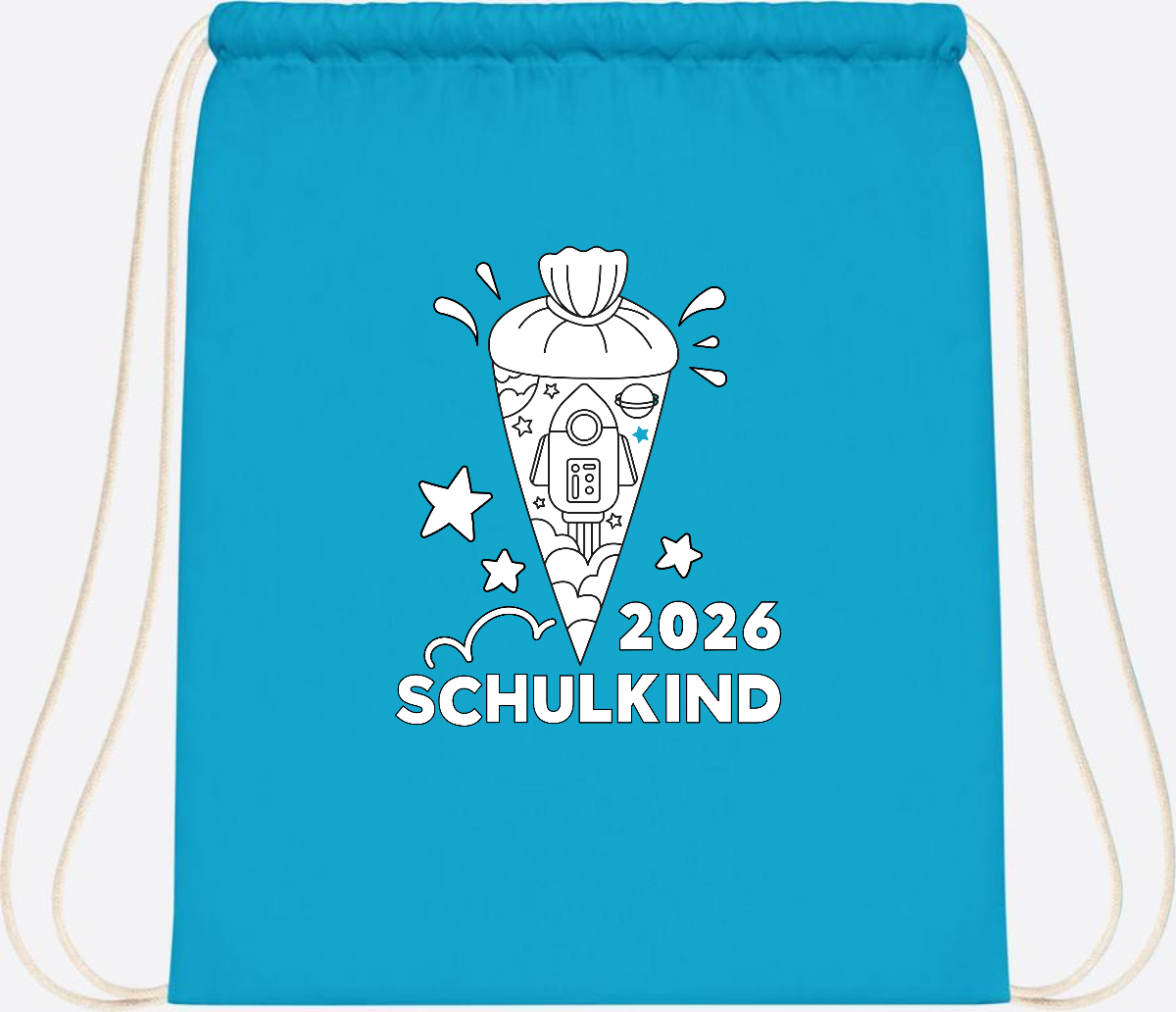 Turnbeutel Einschulung 2025 – Rakete zum Ausmalen mit Name - Surf Blue