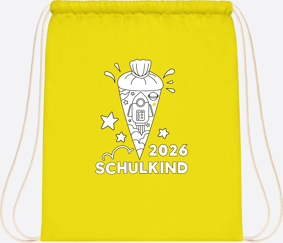 Turnbeutel Einschulung 2025 – Rakete zum Ausmalen mit Name - Yellow