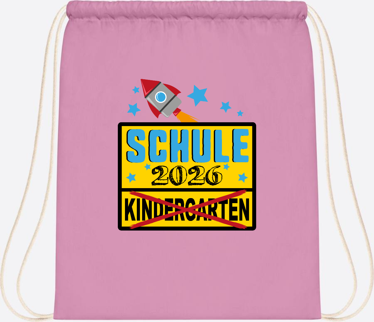 Turnbeutel Einschulung 2026 – Ortsschild Rakete mit Name - Classic Pink/White