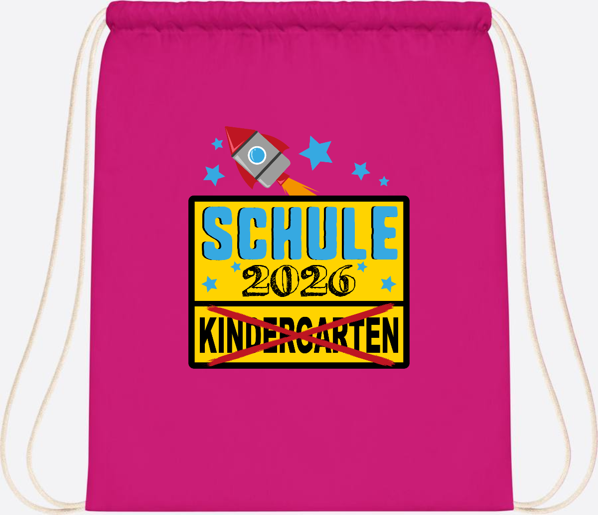 Turnbeutel Einschulung 2026 – Ortsschild Rakete mit Name - Fuchsia