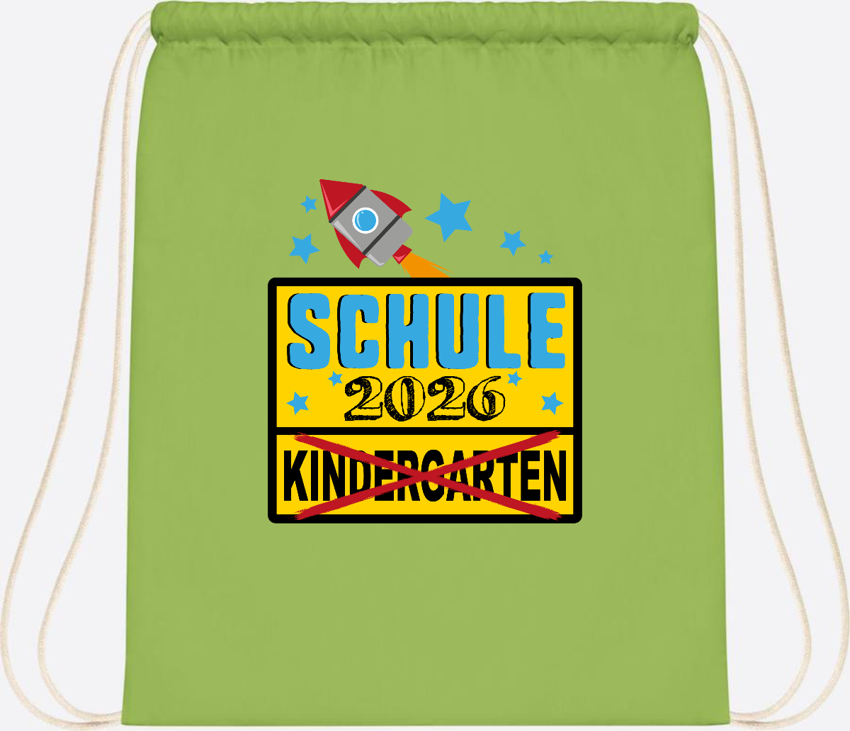 Turnbeutel Einschulung 2026 – Ortsschild Rakete mit Name - Lime Green