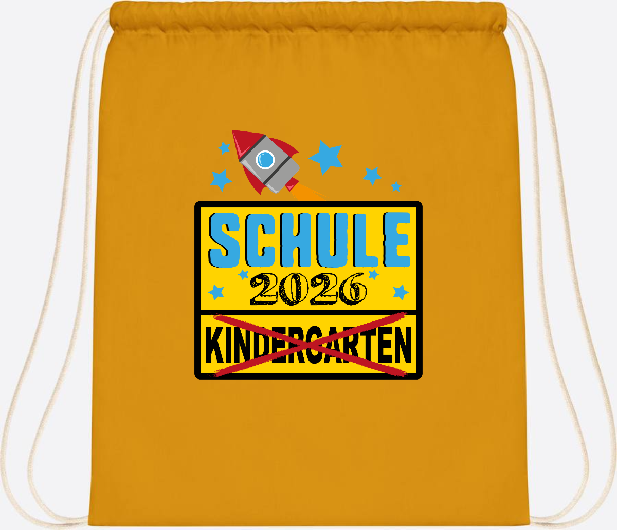 Turnbeutel Einschulung 2026 – Ortsschild Rakete mit Name - Mustard