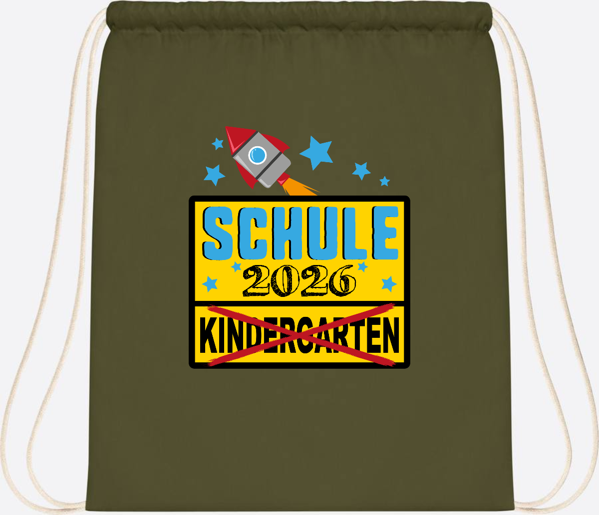 Turnbeutel Einschulung 2026 – Ortsschild Rakete mit Name - Olive Green