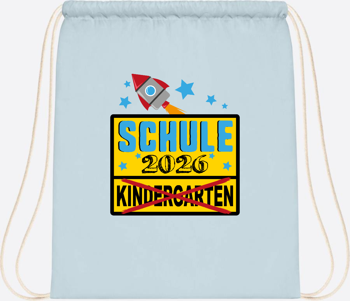 Turnbeutel Einschulung 2026 – Ortsschild Rakete mit Name - Pastel Blue/White