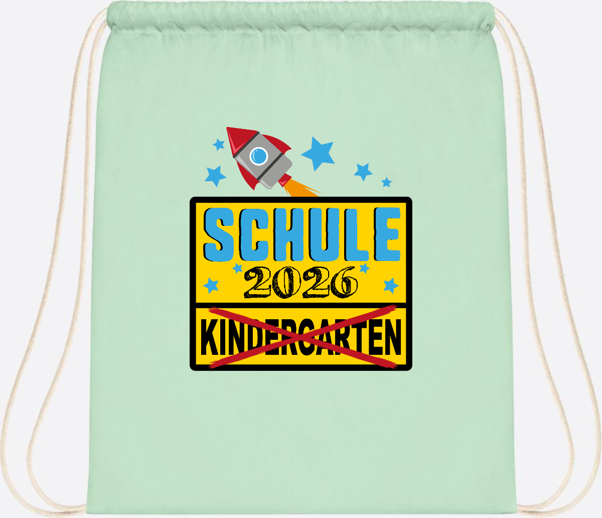 Turnbeutel Einschulung 2026 – Ortsschild Rakete mit Name - Pastel Mint/White