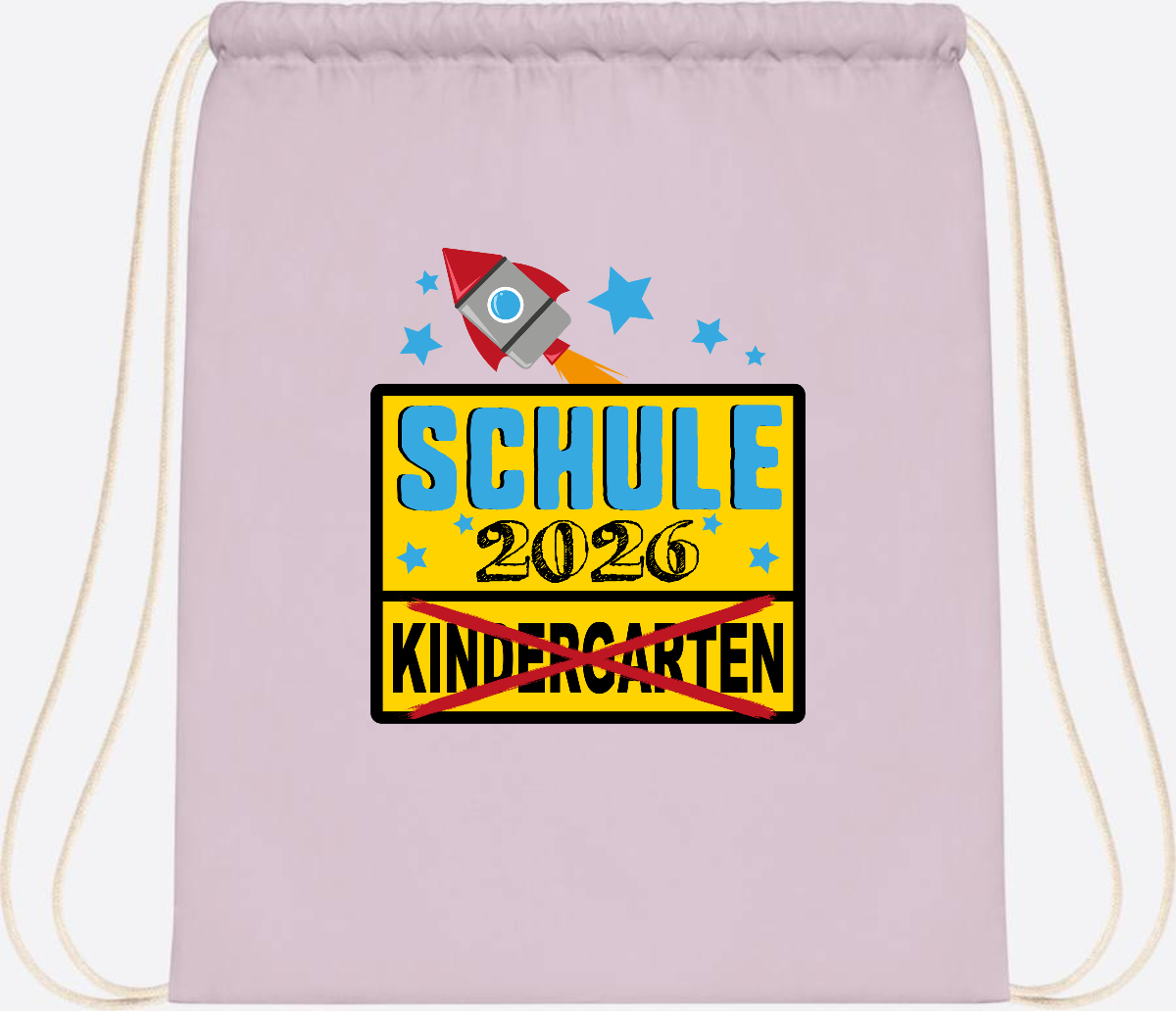 Turnbeutel Einschulung 2026 – Ortsschild Rakete mit Name - Pastel Pink/White