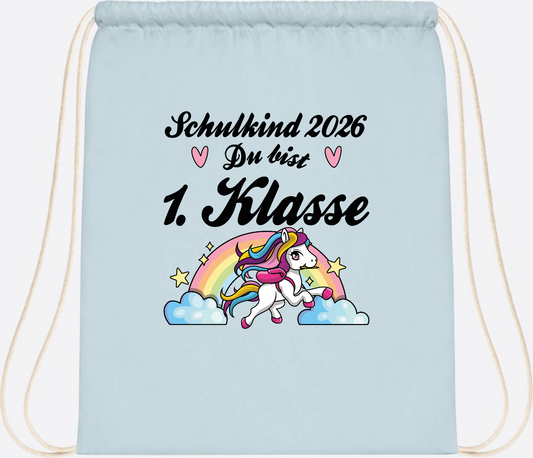 Turnbeutel Einschulung 2026 - Pferd: Du bist erstklassig - Pastel Blue/White