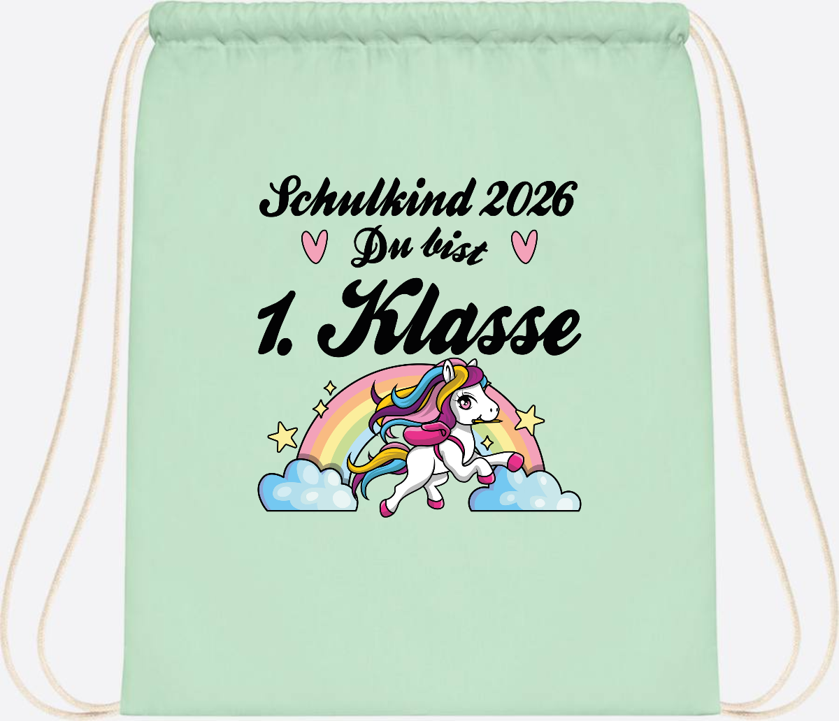 Turnbeutel Einschulung 2026 - Pferd: Du bist erstklassig - Pastel Mint/White