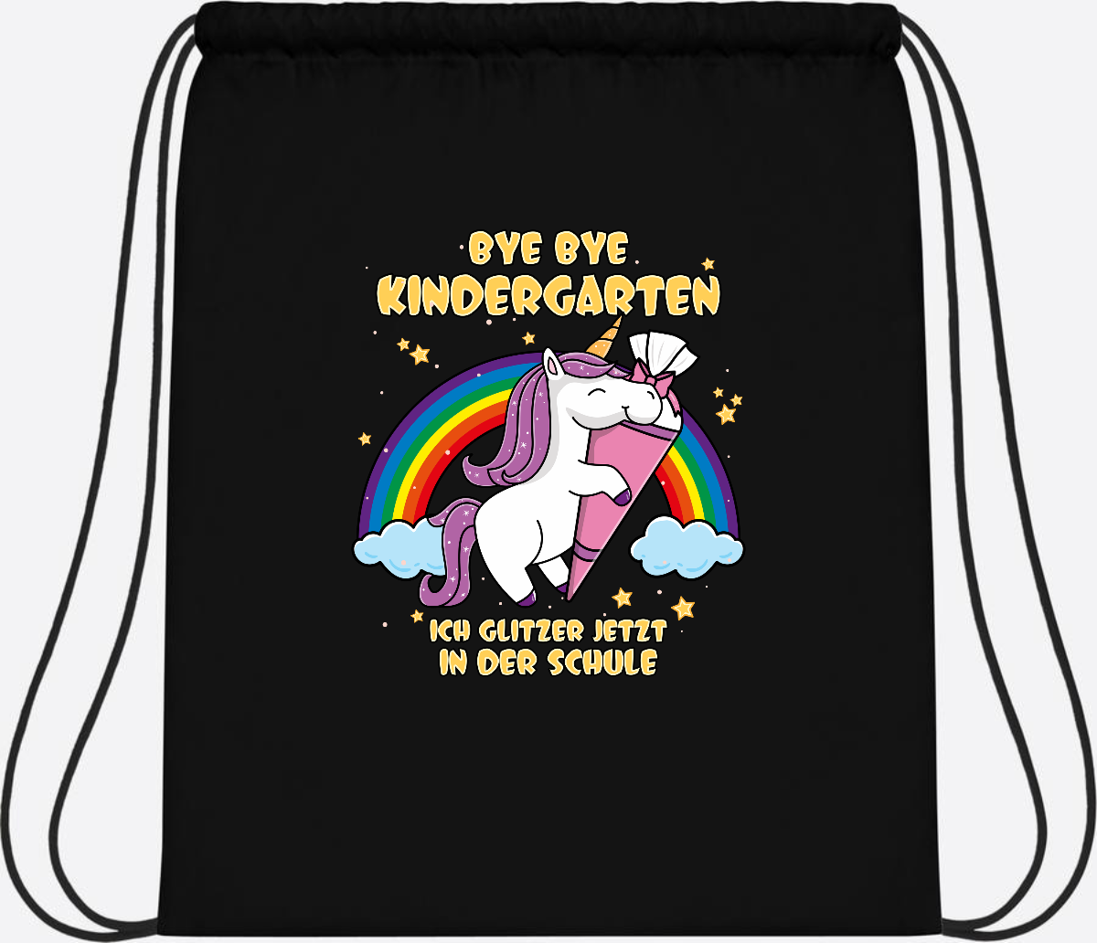 Turnbeutel Einschulung: Bye Bye Kindergarten Einhorn mit Name - Black/Black