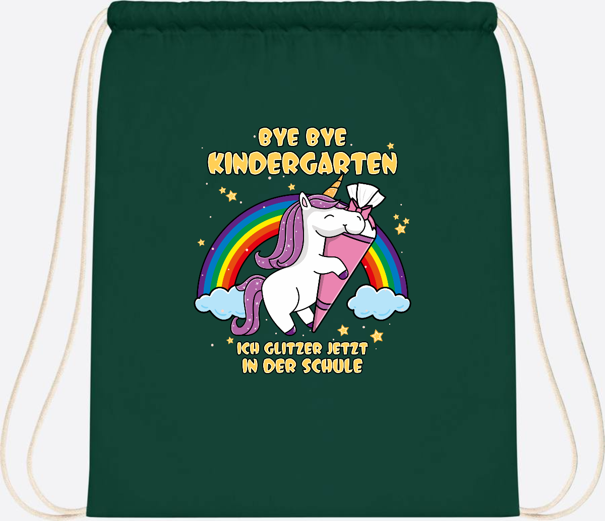 Turnbeutel Einschulung: Bye Bye Kindergarten Einhorn mit Name - Bottle Green