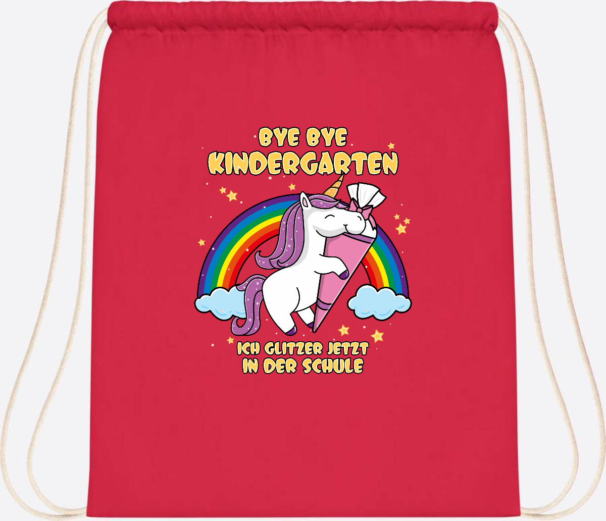 Turnbeutel Einschulung: Bye Bye Kindergarten Einhorn mit Name - Bright Red