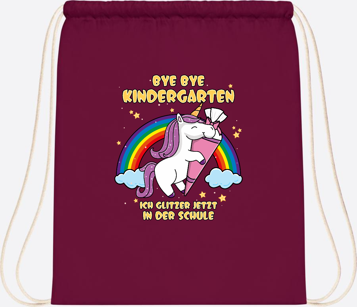 Turnbeutel Einschulung: Bye Bye Kindergarten Einhorn mit Name - Burgundy