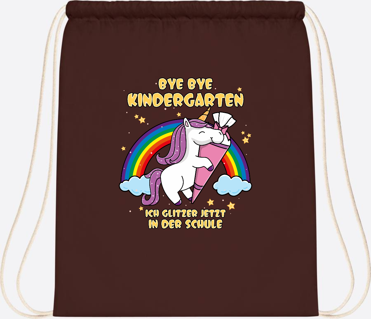 Turnbeutel Einschulung: Bye Bye Kindergarten Einhorn mit Name - Chocolate