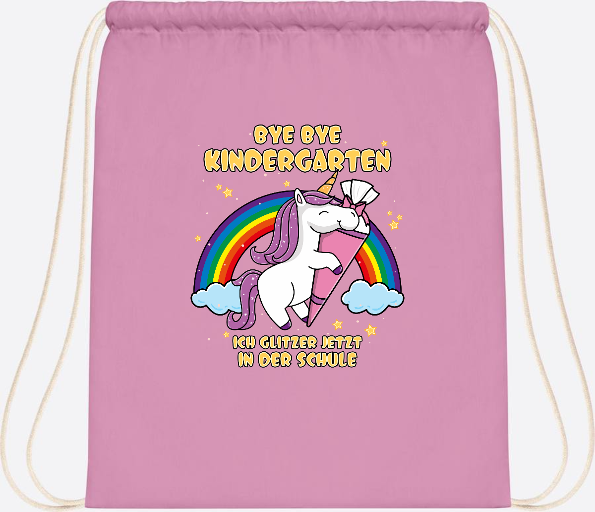 Turnbeutel Einschulung: Bye Bye Kindergarten Einhorn mit Name - Classic Pink/White