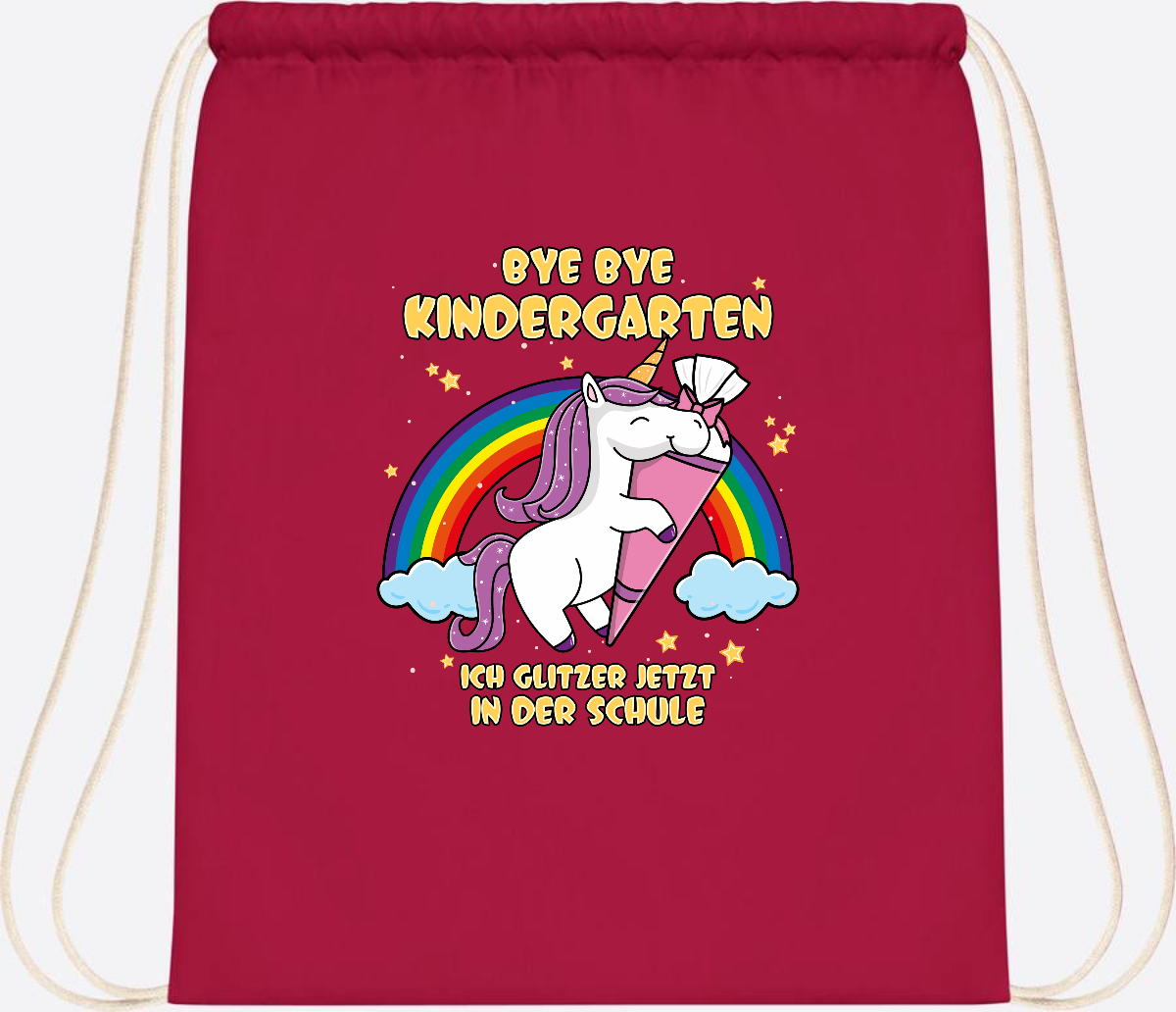 Turnbeutel Einschulung: Bye Bye Kindergarten Einhorn mit Name - Classic Red