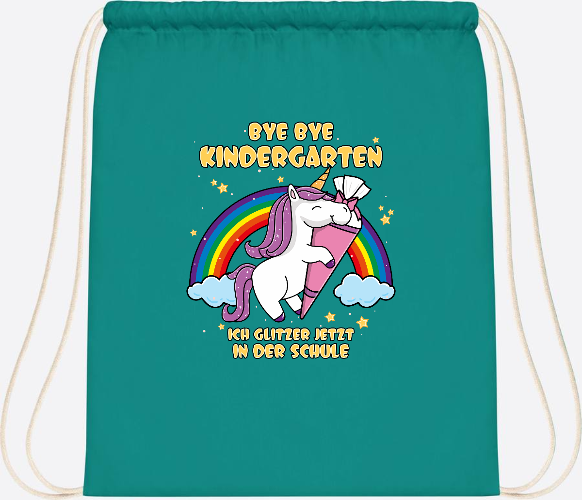 Turnbeutel Einschulung: Bye Bye Kindergarten Einhorn mit Name - Emerald
