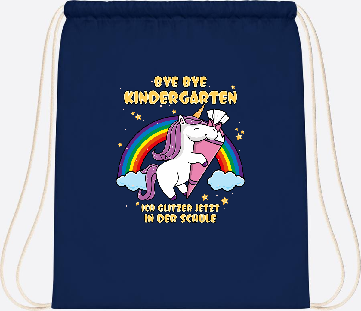 Turnbeutel Einschulung: Bye Bye Kindergarten Einhorn mit Name - French Navy