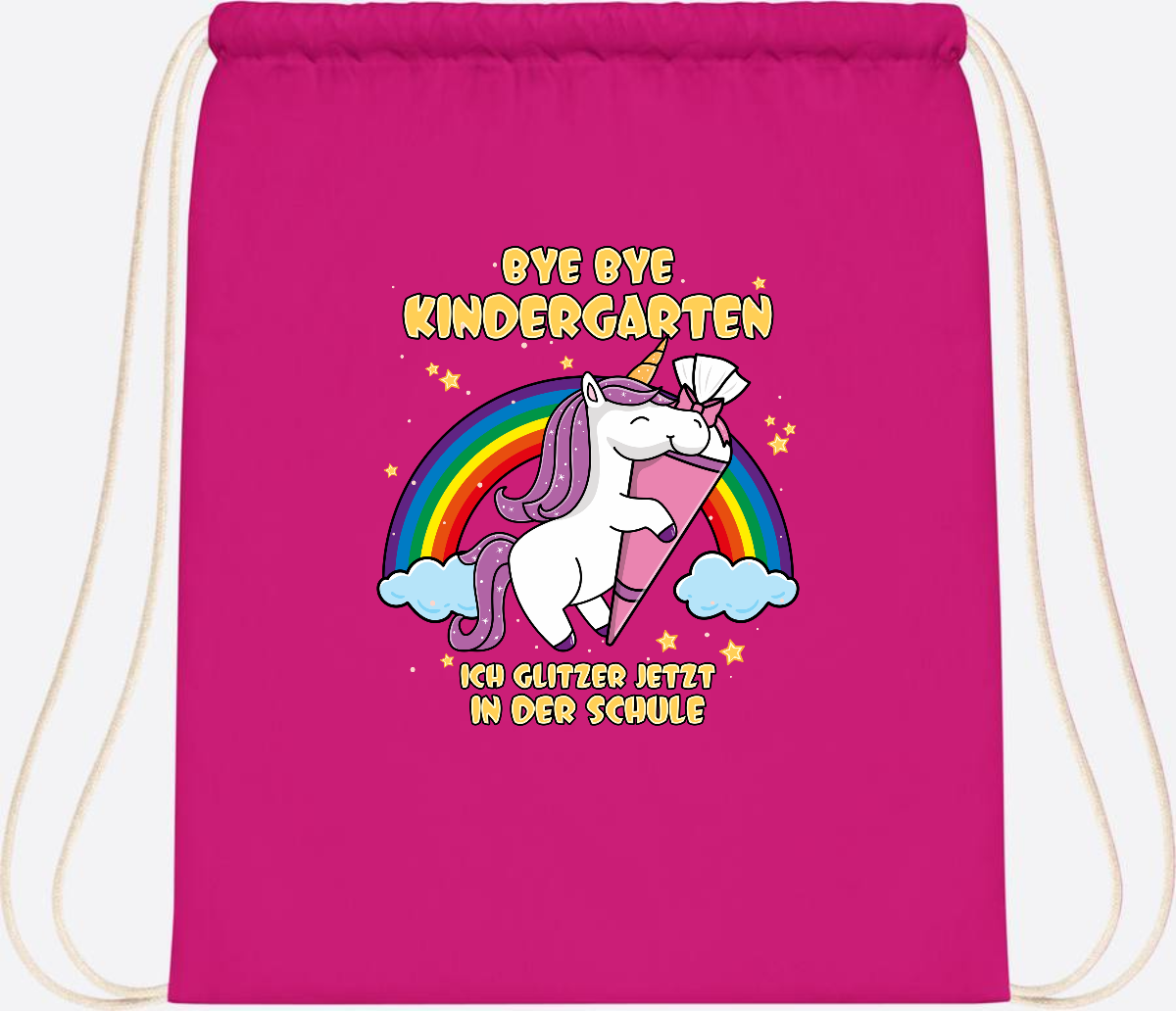 Turnbeutel Einschulung: Bye Bye Kindergarten Einhorn mit Name - Fuchsia