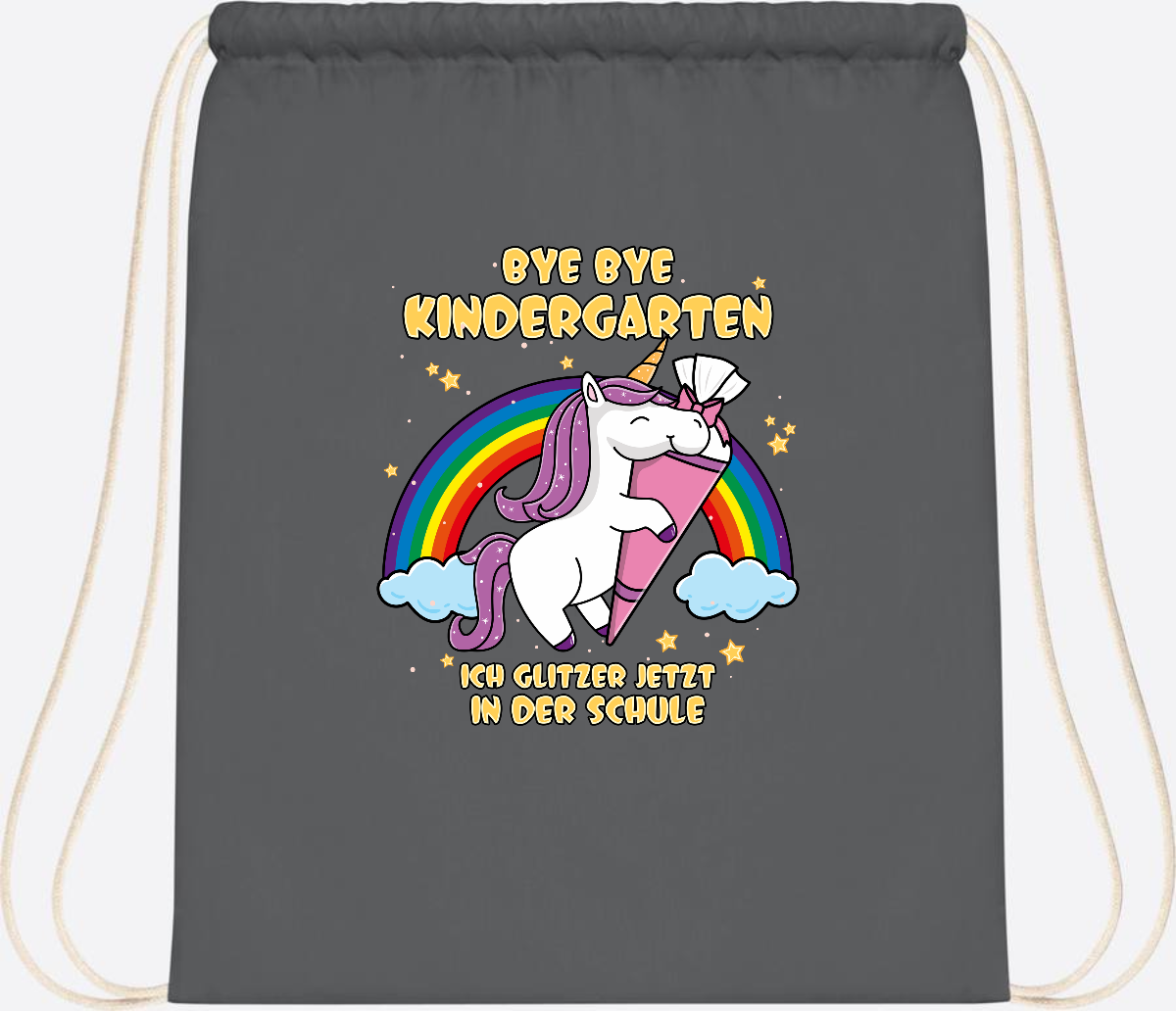 Turnbeutel Einschulung: Bye Bye Kindergarten Einhorn mit Name - Graphite Grey
