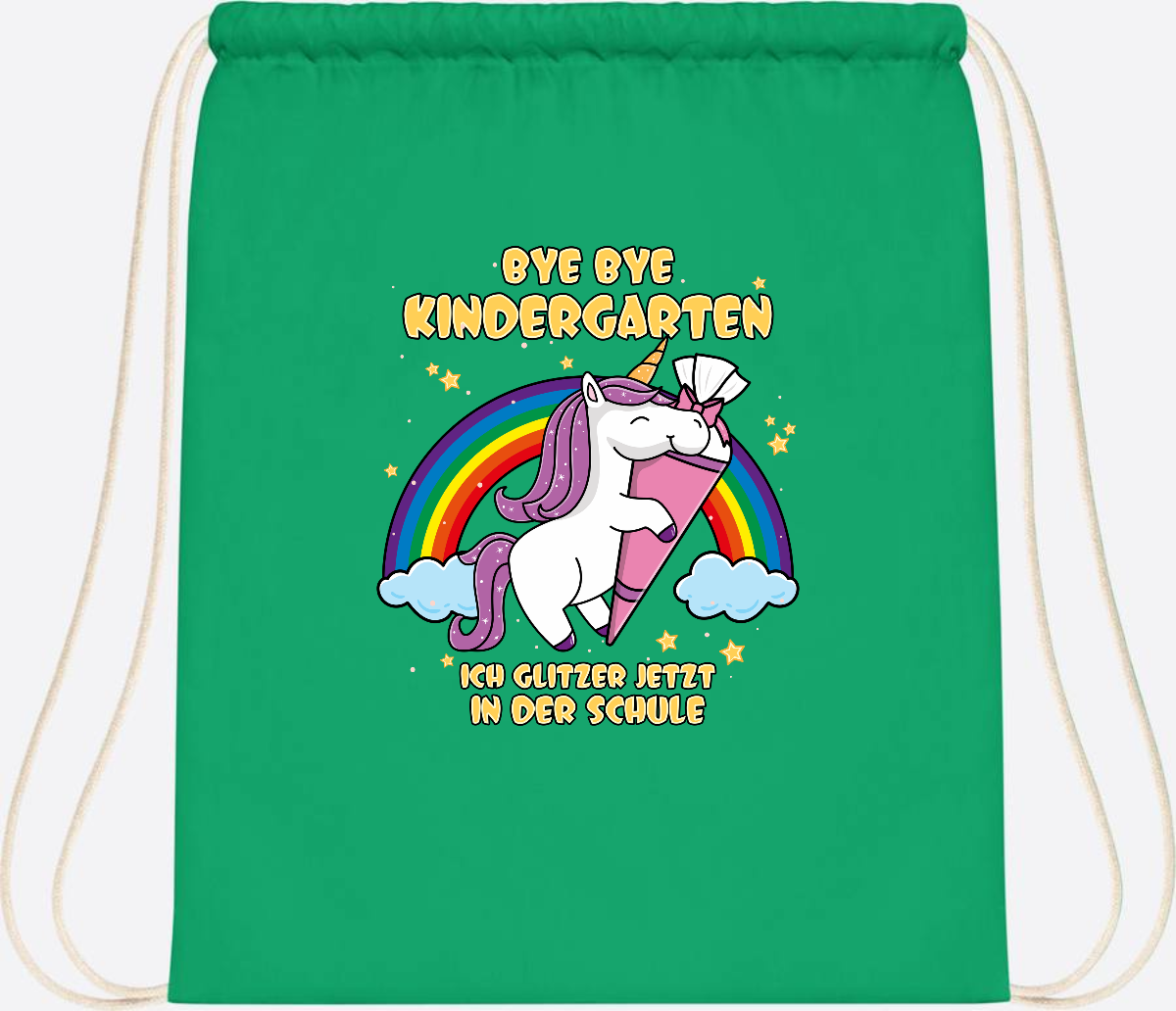 Turnbeutel Einschulung: Bye Bye Kindergarten Einhorn mit Name - Kelly Green