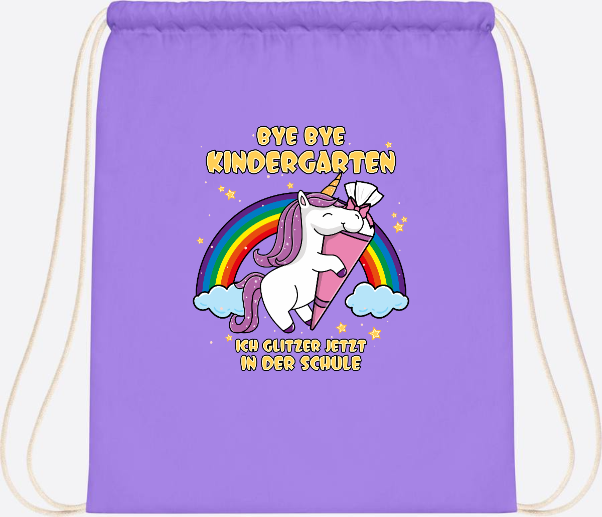 Turnbeutel Einschulung: Bye Bye Kindergarten Einhorn mit Name - Lavender/White