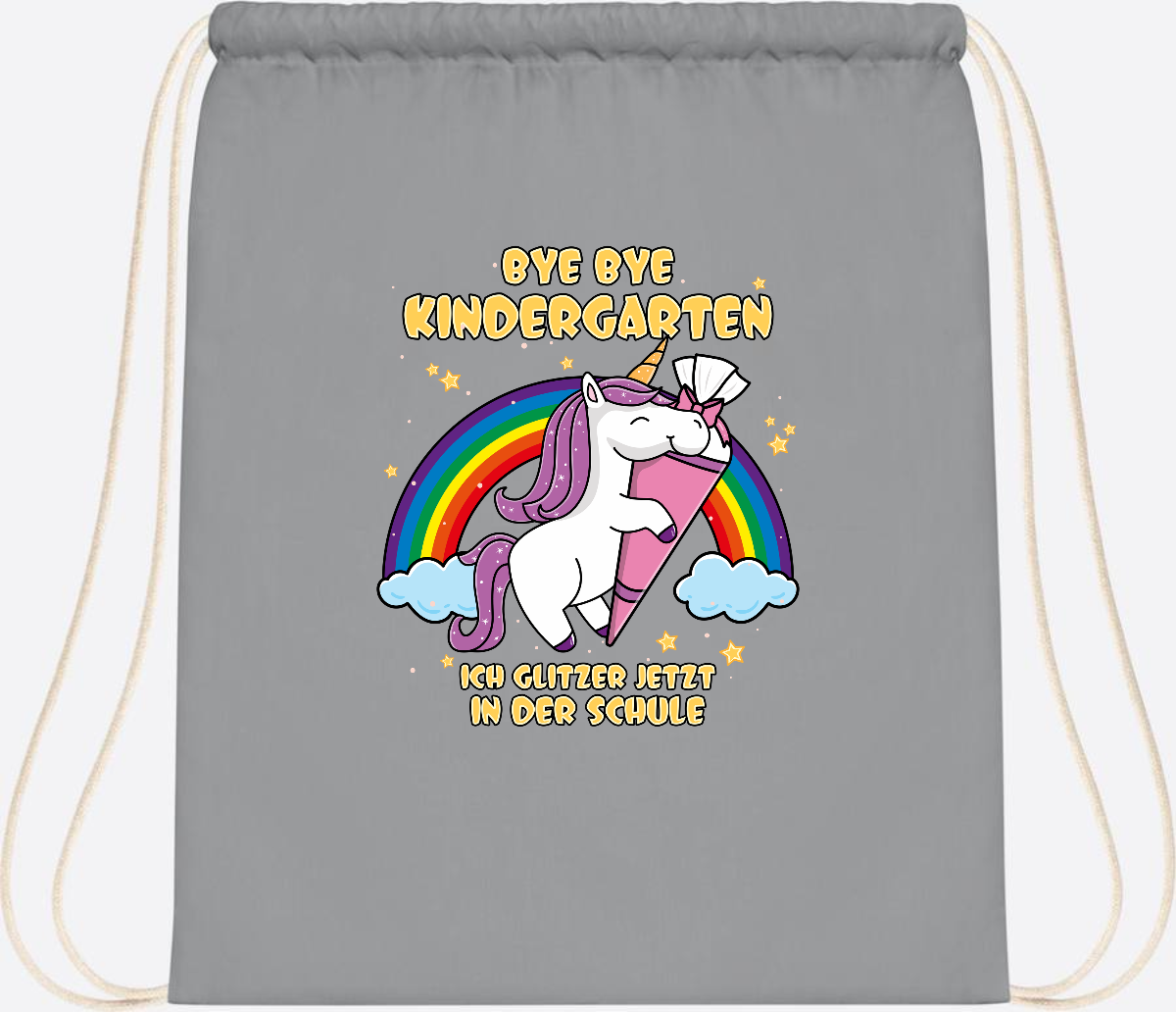 Turnbeutel Einschulung: Bye Bye Kindergarten Einhorn mit Name - Light Grey