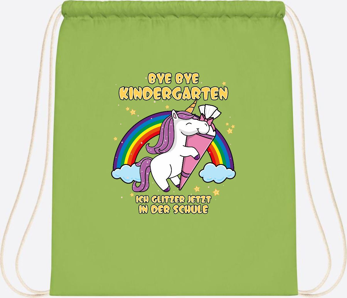 Turnbeutel Einschulung: Bye Bye Kindergarten Einhorn mit Name - Lime Green