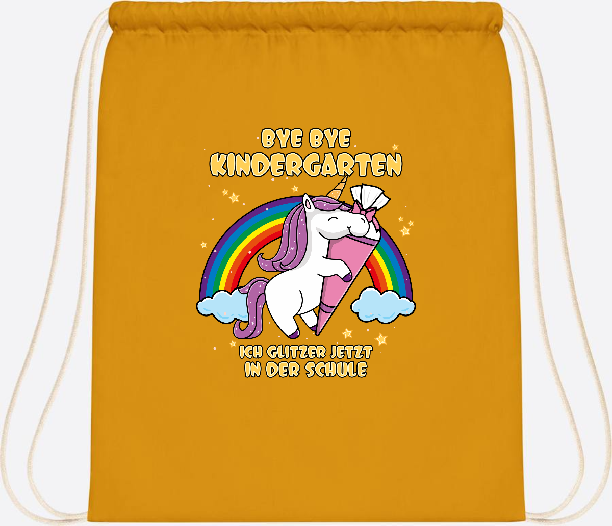 Turnbeutel Einschulung: Bye Bye Kindergarten Einhorn mit Name - Mustard