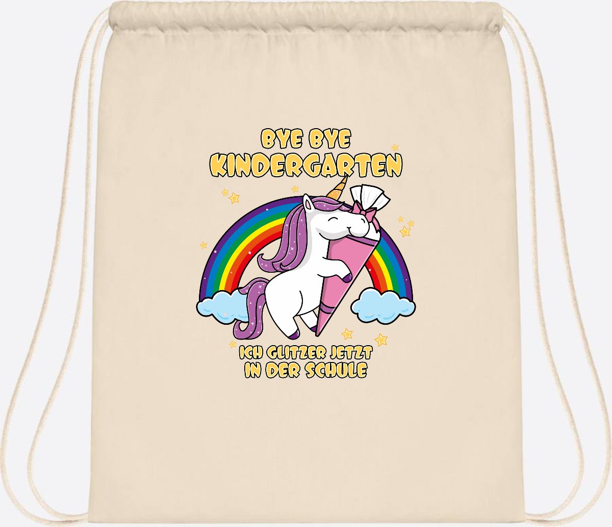 Turnbeutel Einschulung: Bye Bye Kindergarten Einhorn mit Name - Natural