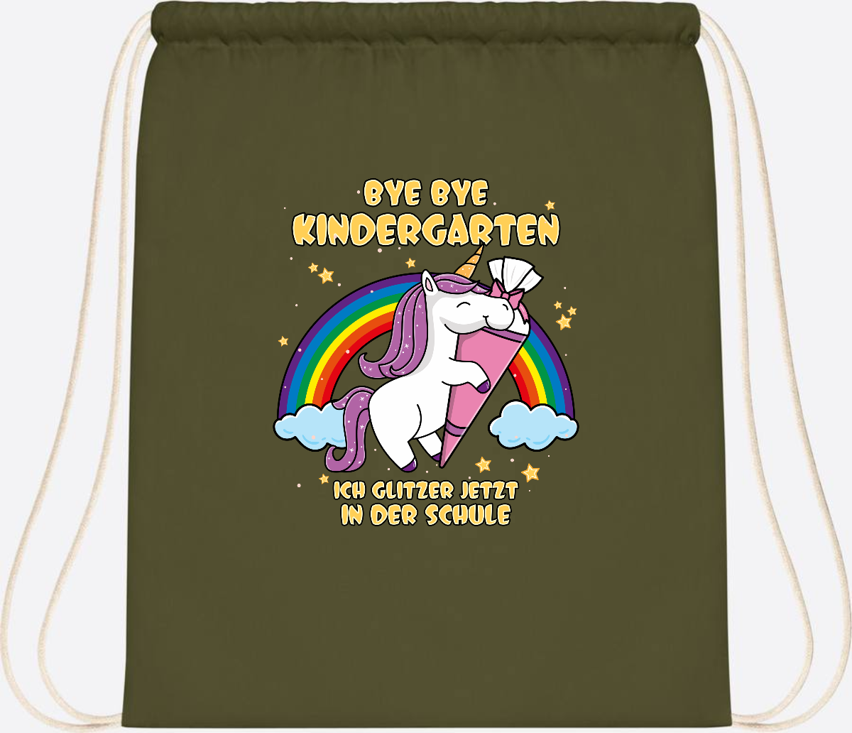 Turnbeutel Einschulung: Bye Bye Kindergarten Einhorn mit Name - Olive Green