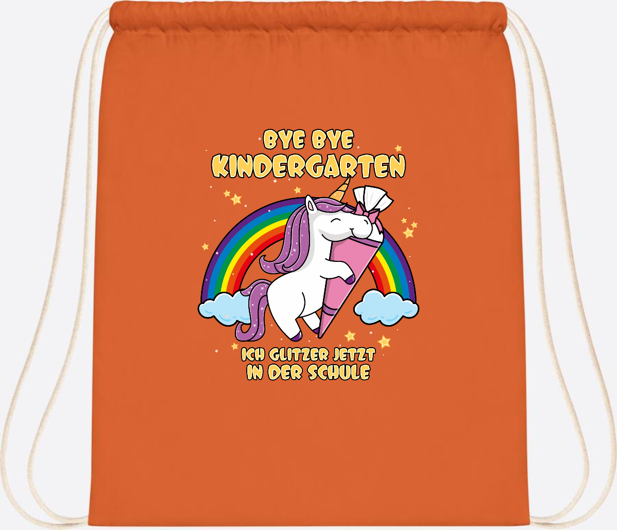 Turnbeutel Einschulung: Bye Bye Kindergarten Einhorn mit Name - Orange