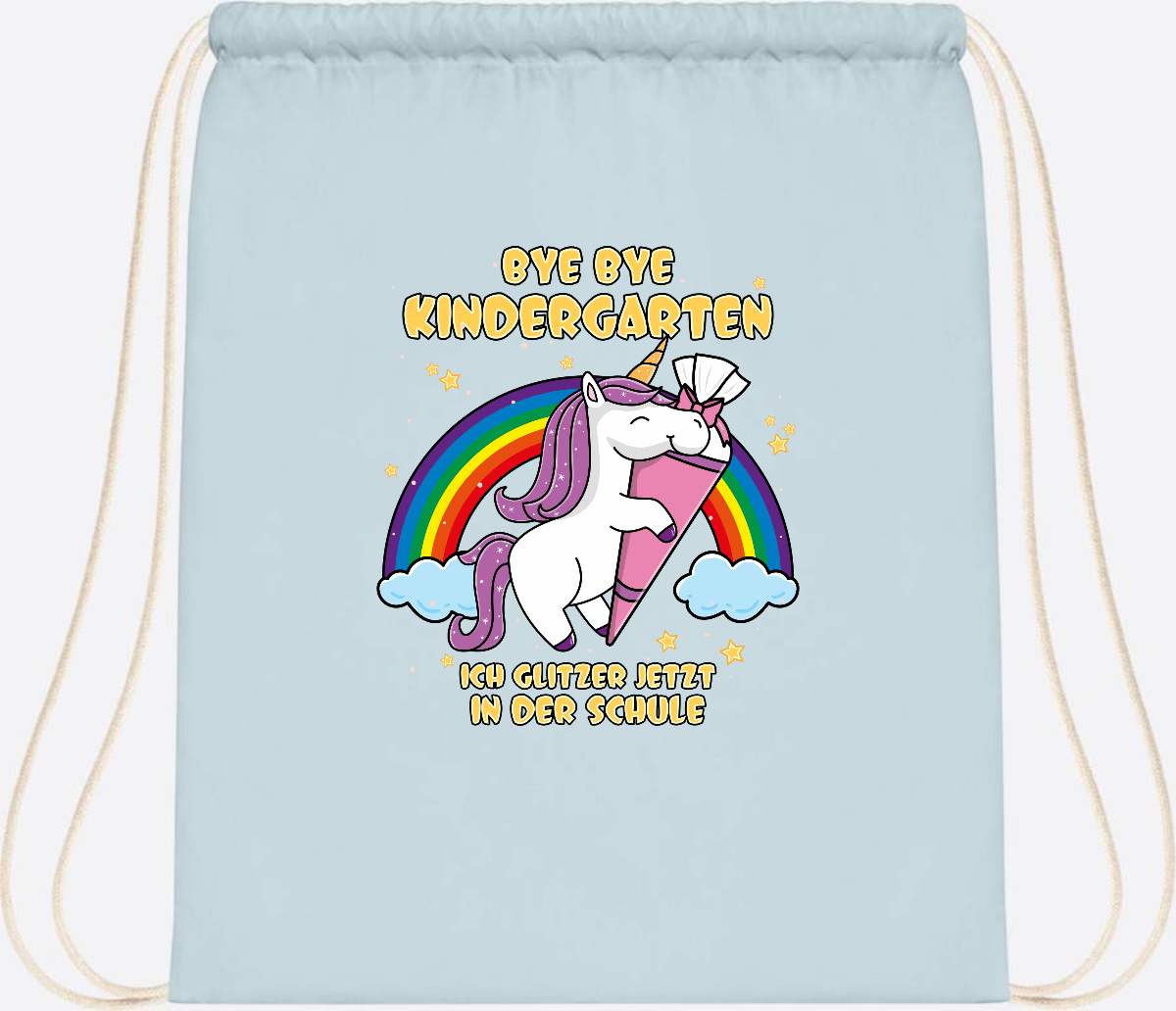 Turnbeutel Einschulung: Bye Bye Kindergarten Einhorn mit Name - Pastel Blue/White