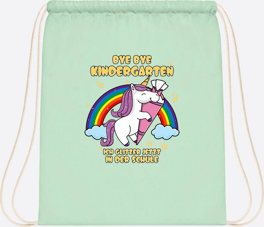 Turnbeutel Einschulung: Bye Bye Kindergarten Einhorn mit Name - Pastel Mint/White