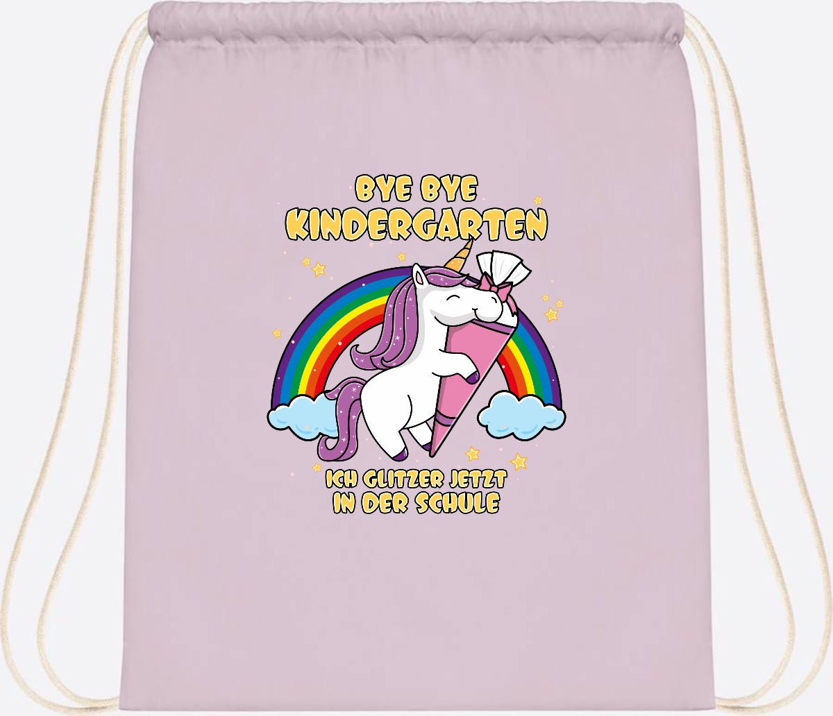 Turnbeutel Einschulung: Bye Bye Kindergarten Einhorn mit Name - Pastel Pink/White