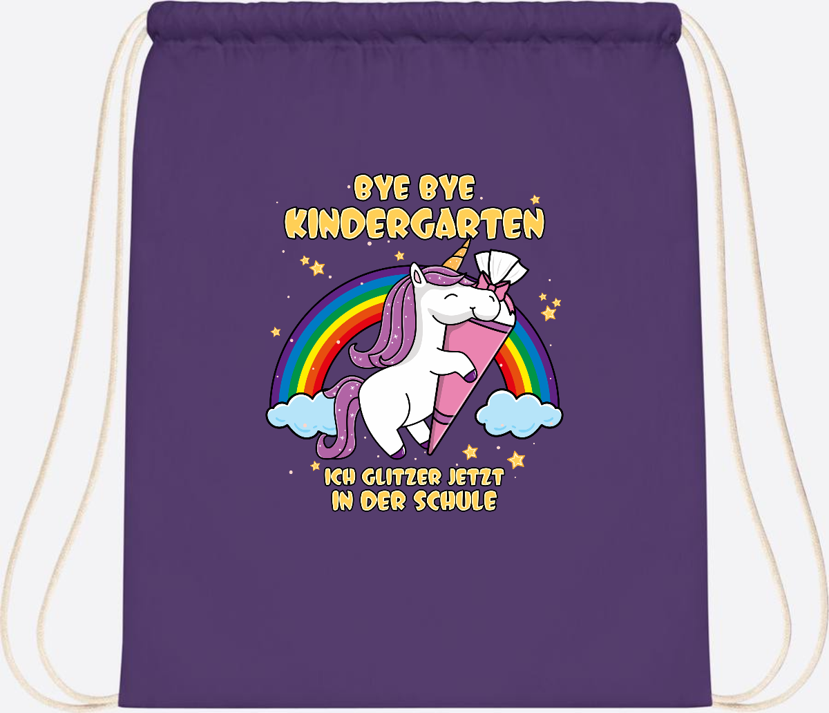 Turnbeutel Einschulung: Bye Bye Kindergarten Einhorn mit Name - Purple