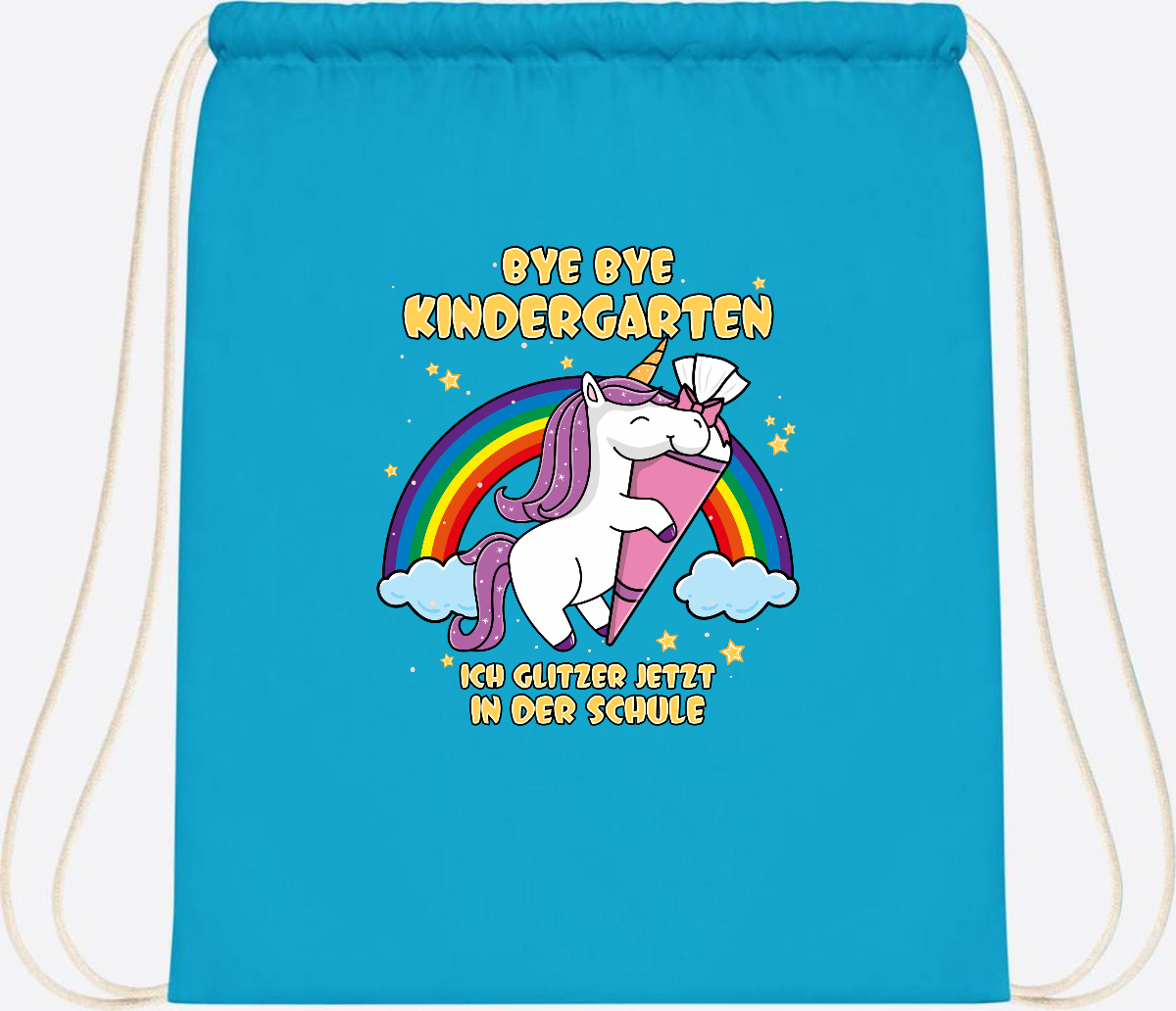Turnbeutel Einschulung: Bye Bye Kindergarten Einhorn mit Name - Surf Blue