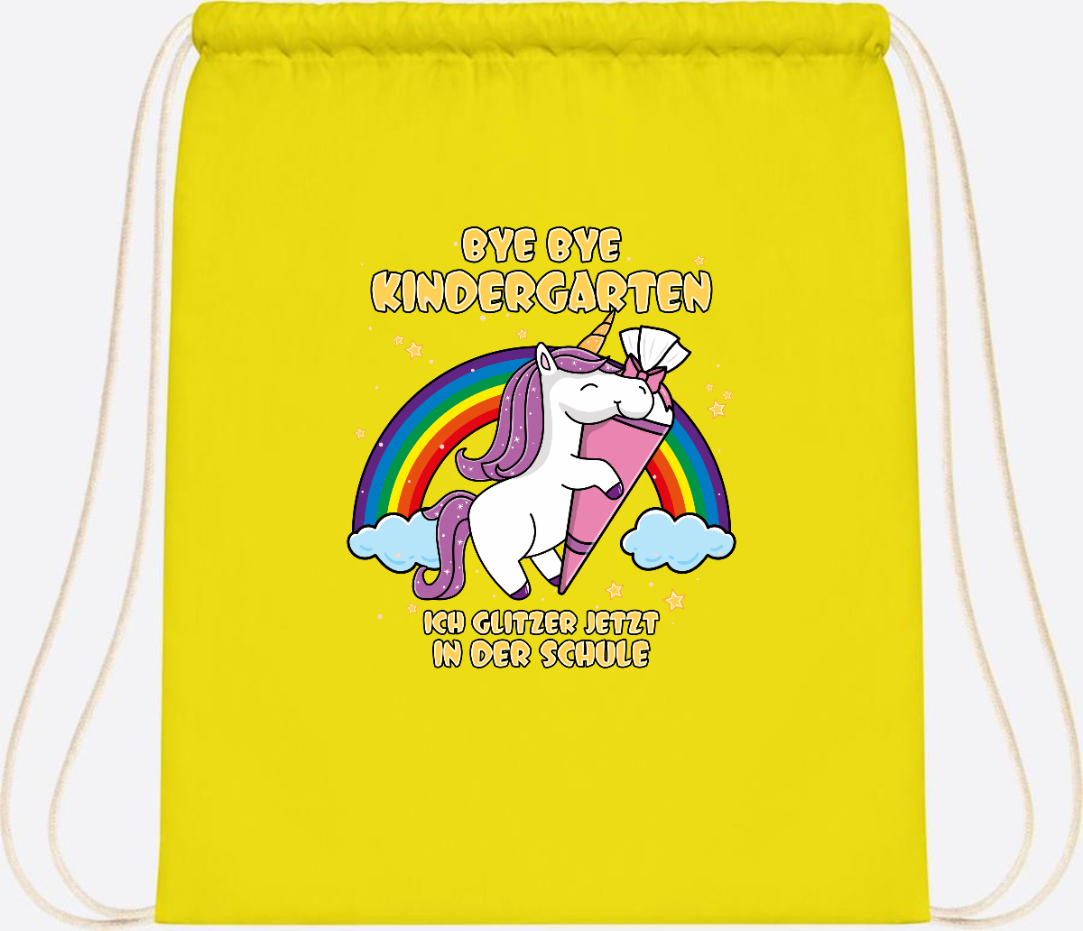 Turnbeutel Einschulung: Bye Bye Kindergarten Einhorn mit Name - Yellow
