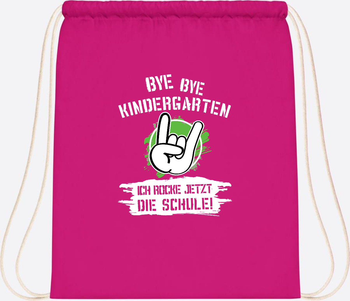 Turnbeutel Einschulung: Bye Bye Kindergarten, ich rocke die Schule - Fuchsia