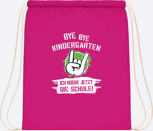 Turnbeutel Einschulung: Bye Bye Kindergarten, ich rocke die Schule - Fuchsia