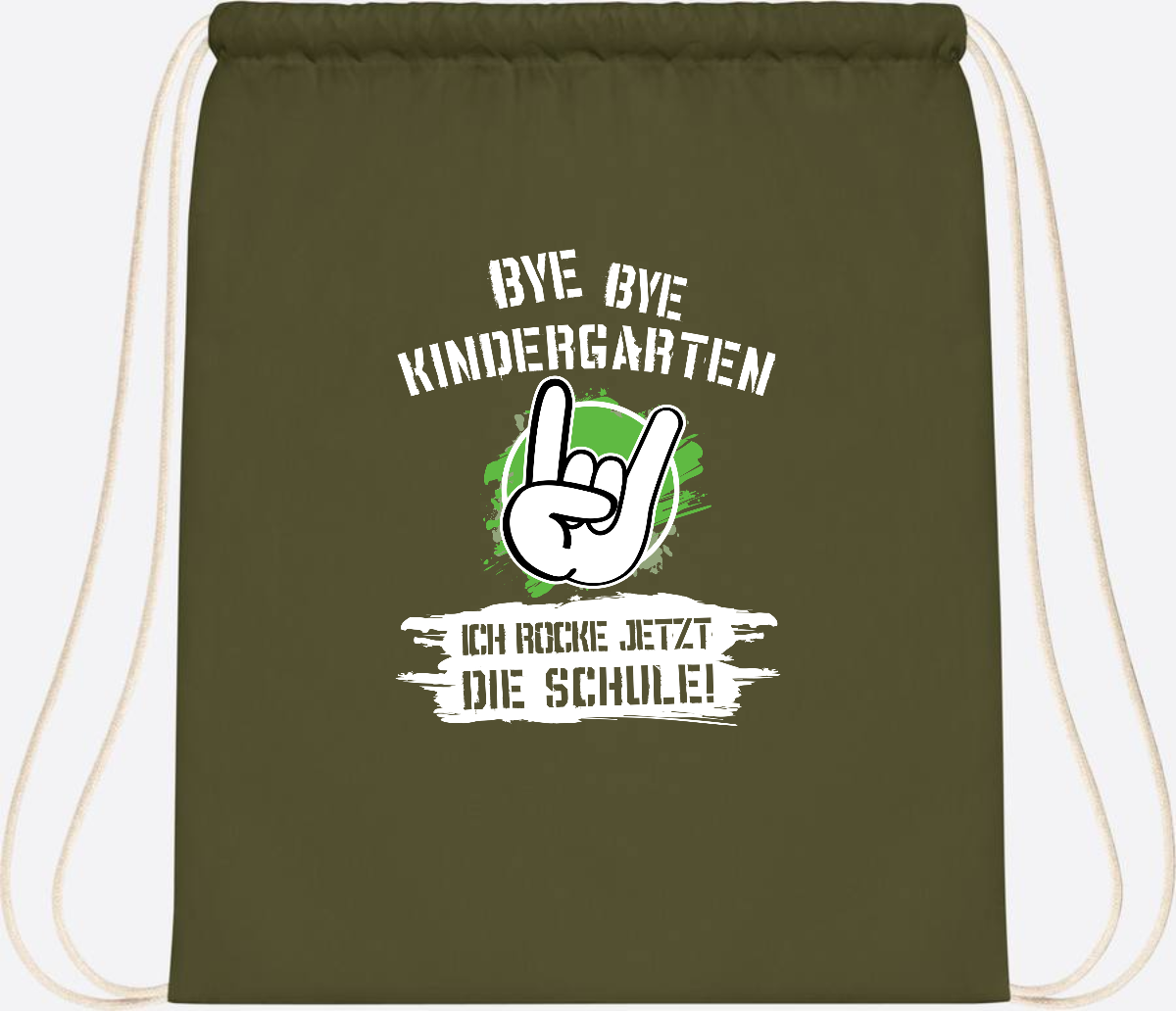 Turnbeutel Einschulung: Bye Bye Kindergarten, ich rocke die Schule - Olive Green