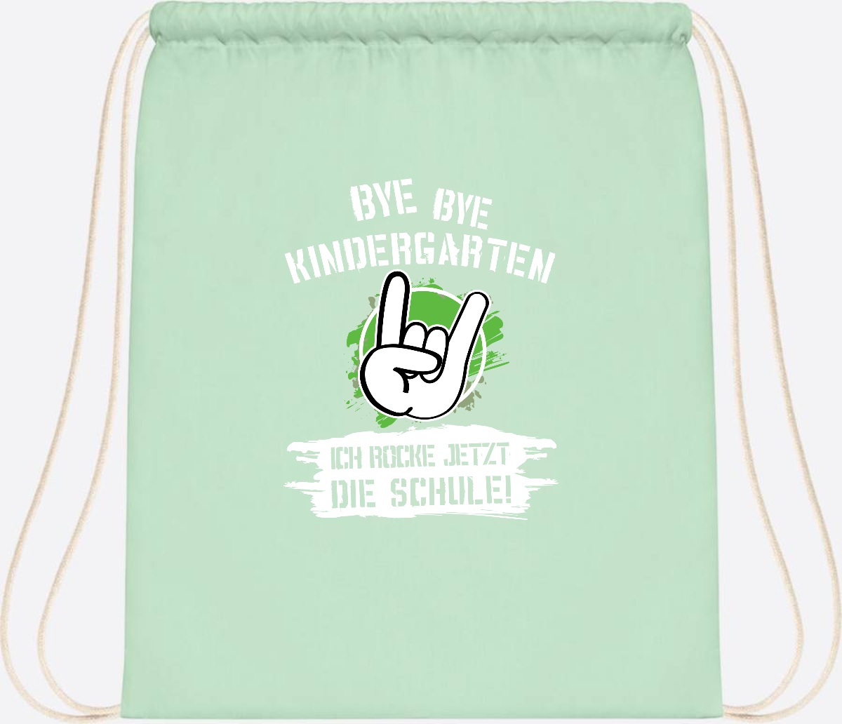 Turnbeutel Einschulung: Bye Bye Kindergarten, ich rocke die Schule - Pastel Mint/White