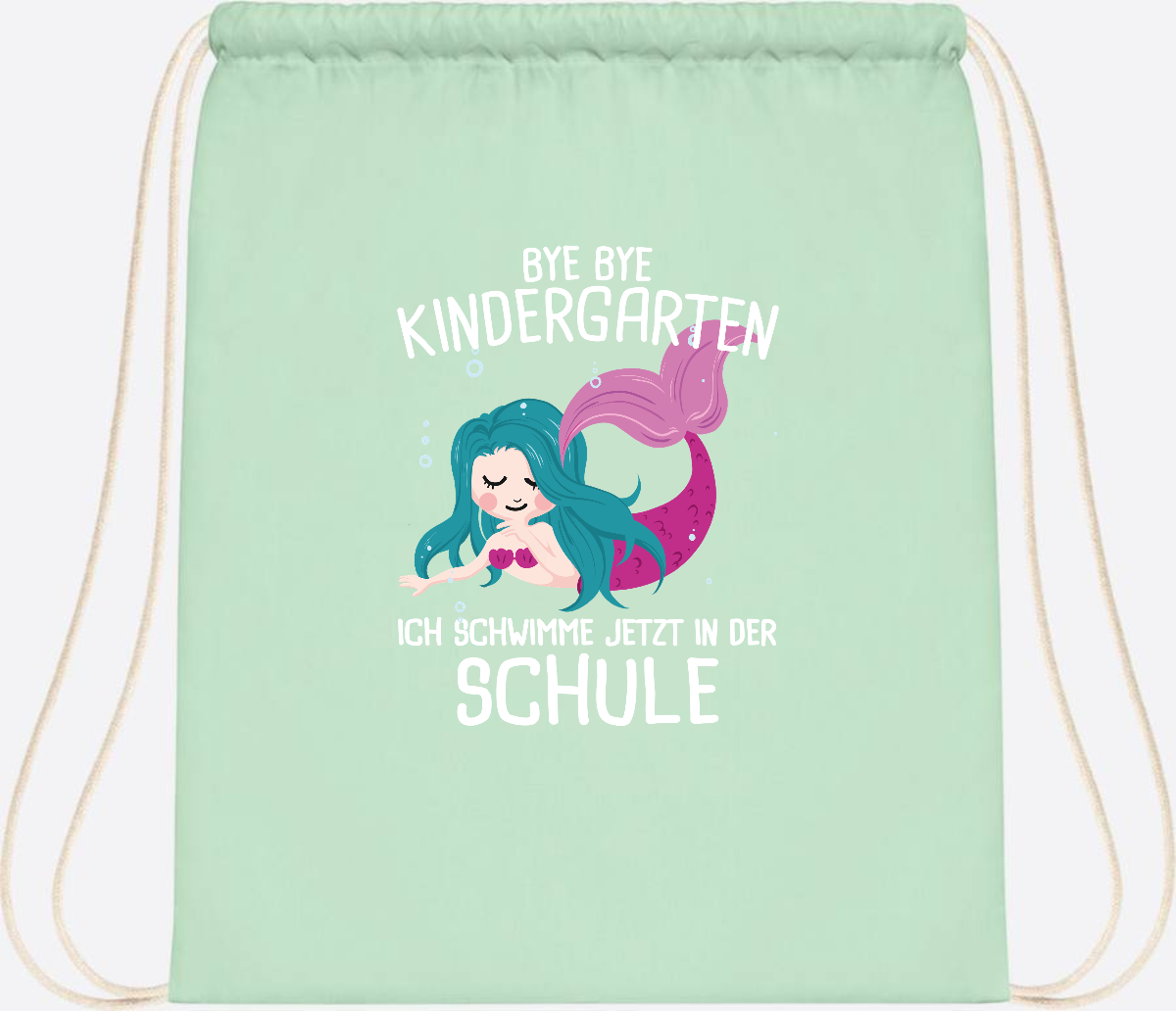 Turnbeutel Einschulung: Bye Bye Kindergarten, ich schwimme jetzt! - Pastel Mint/White