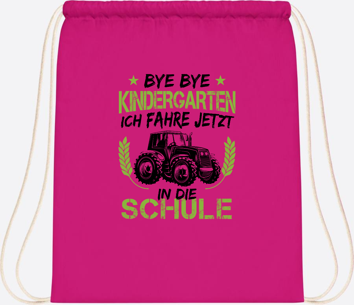 Turnbeutel Einschulung – Bye Bye Kindergarten Traktor - Fuchsia