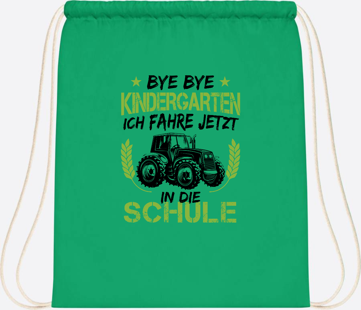 Turnbeutel Einschulung – Bye Bye Kindergarten Traktor - Kelly Green