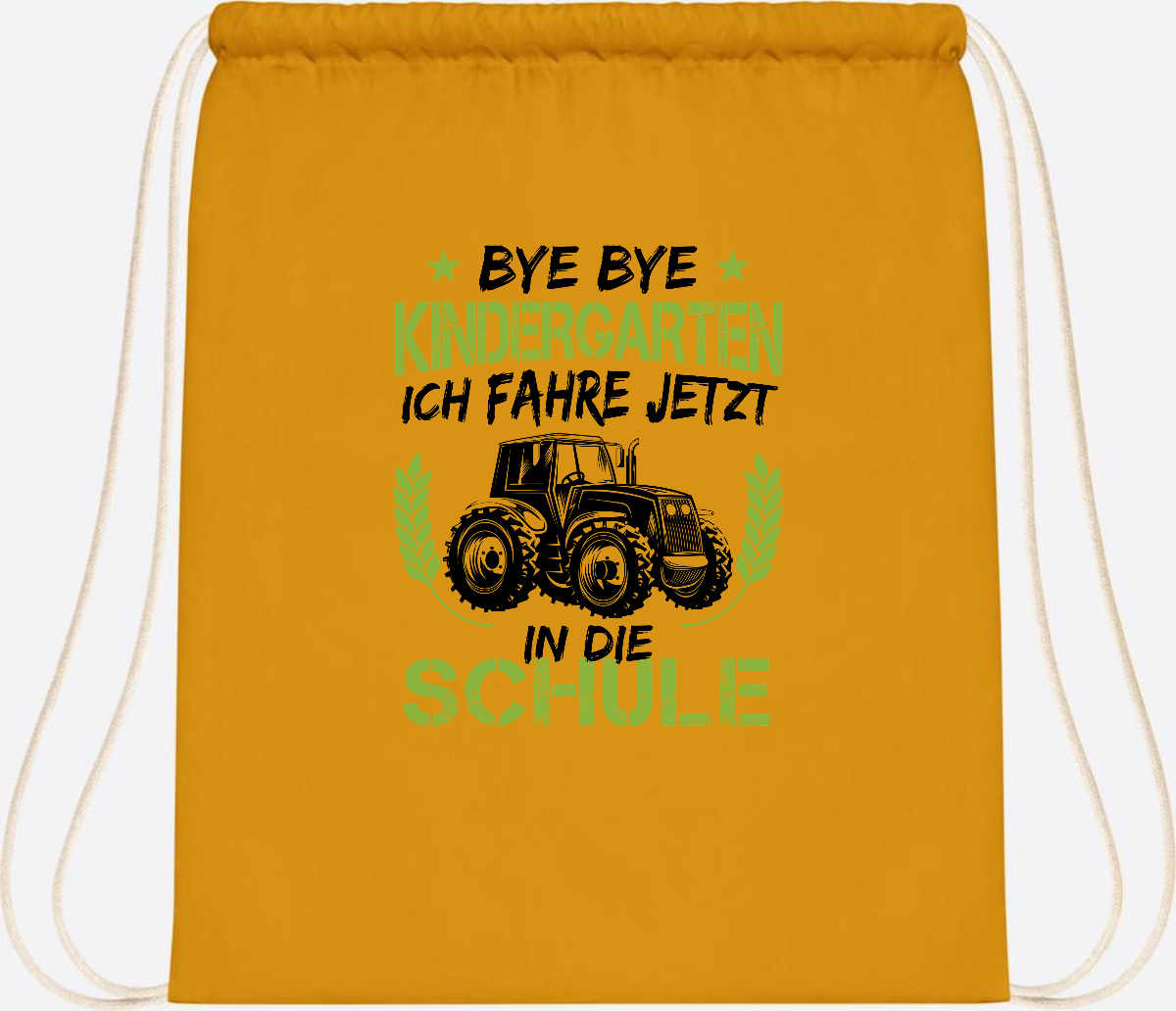 Turnbeutel Einschulung – Bye Bye Kindergarten Traktor - Mustard