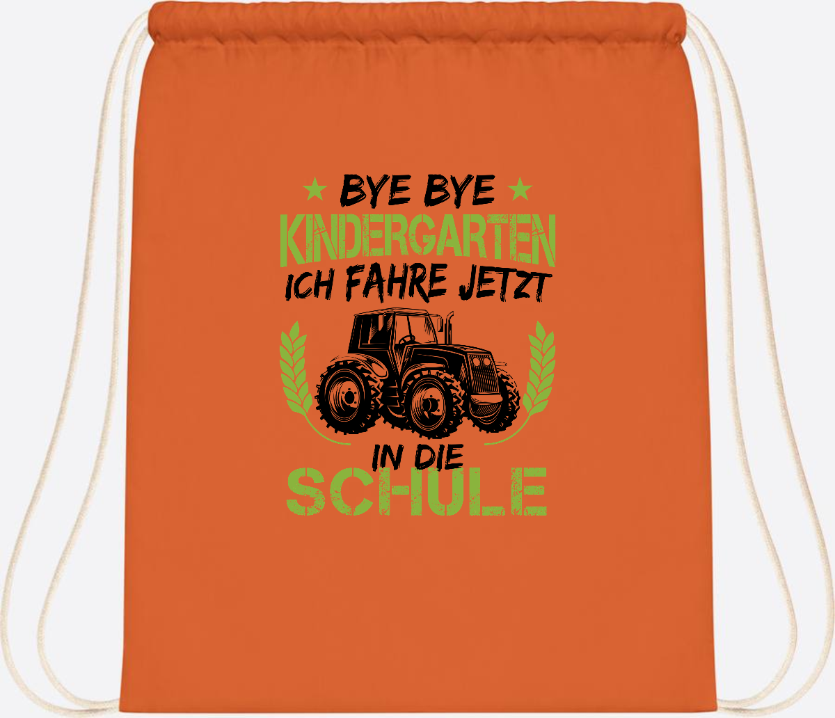 Turnbeutel Einschulung – Bye Bye Kindergarten Traktor - Orange