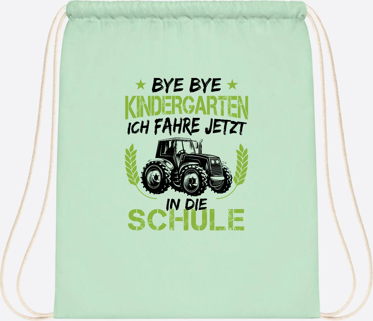 Turnbeutel Einschulung – Bye Bye Kindergarten Traktor - Pastel Mint/White