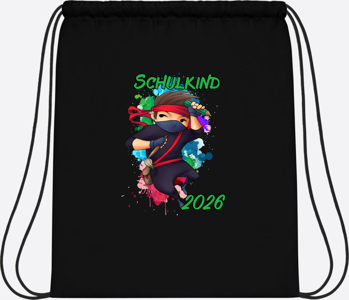 Turnbeutel Einschulung: Cooler Ninja 2026 mit Wunschname - Black/Black