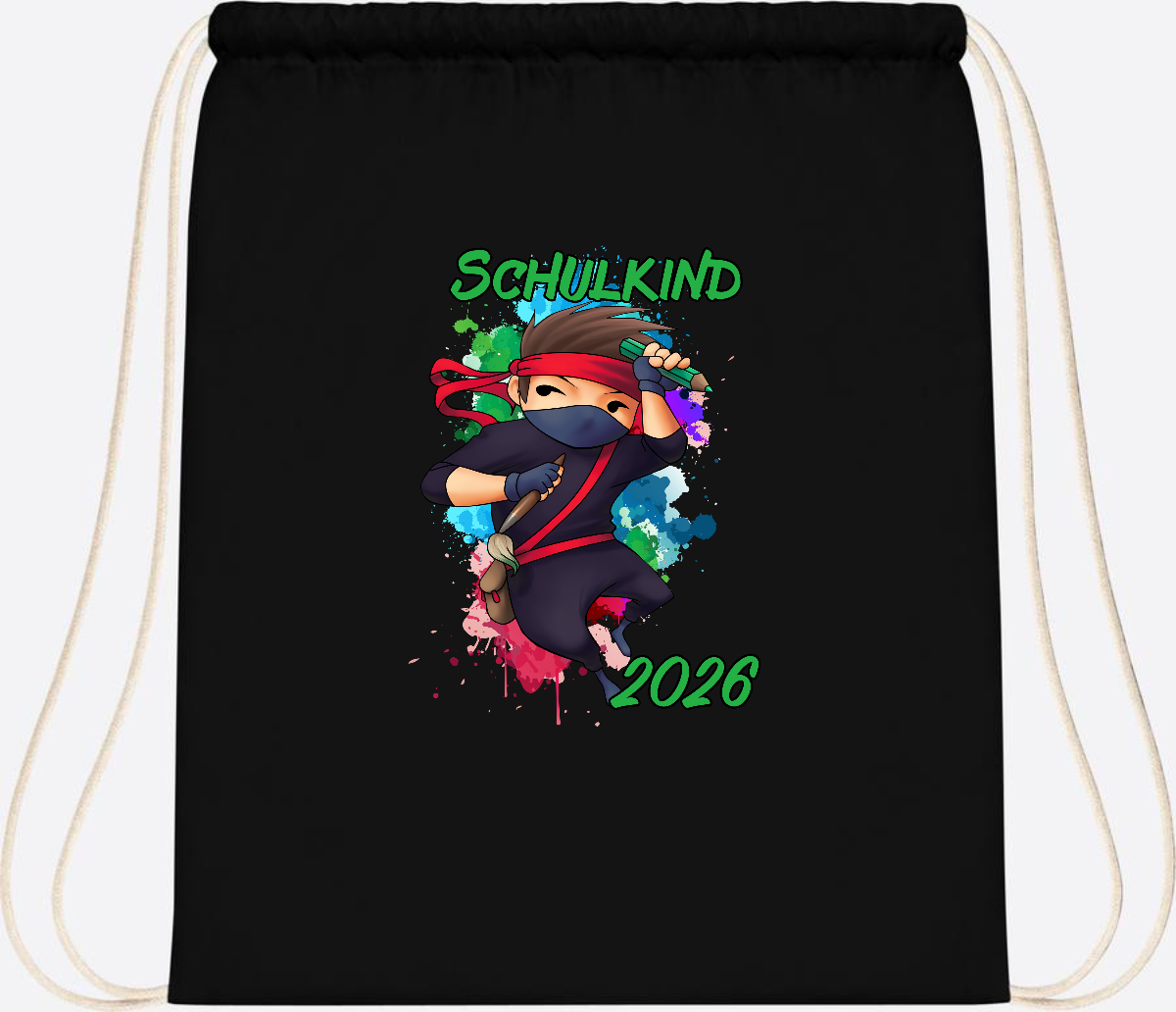 Turnbeutel Einschulung: Cooler Ninja 2026 mit Wunschname - Black